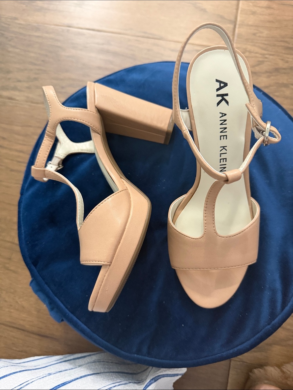 Anne Klein Peachy Nude Block Heel T-Strap Sandals